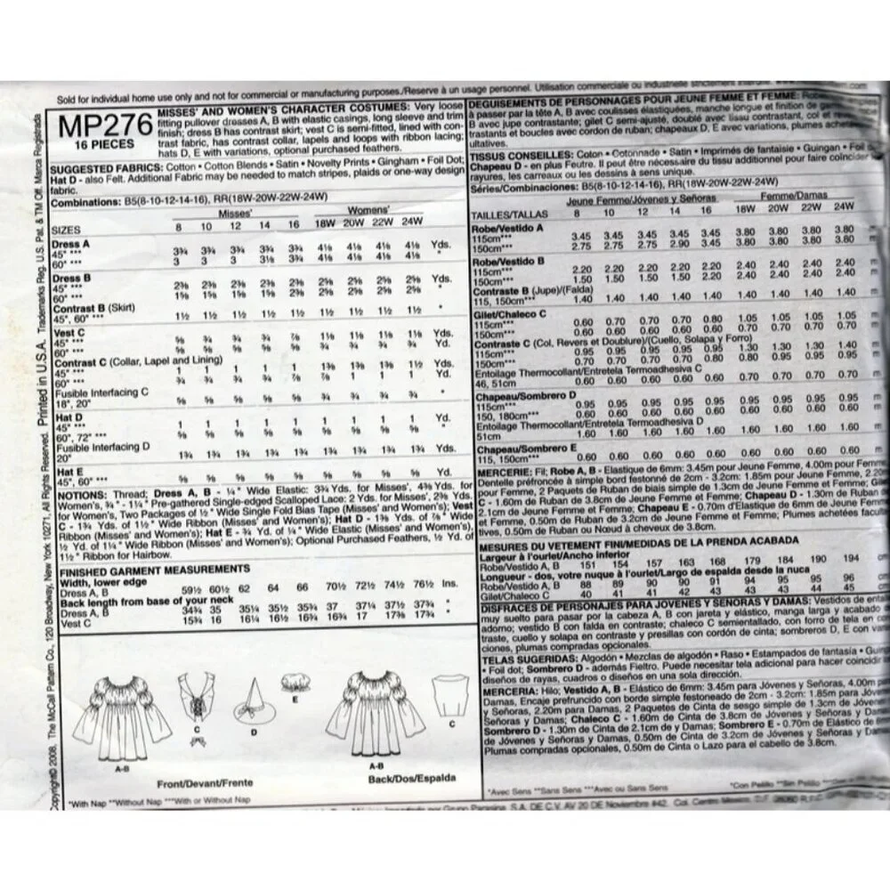 McCalls MP276 Womens Character‎ Costumes Sewing Pattern Set Size 18W-24W